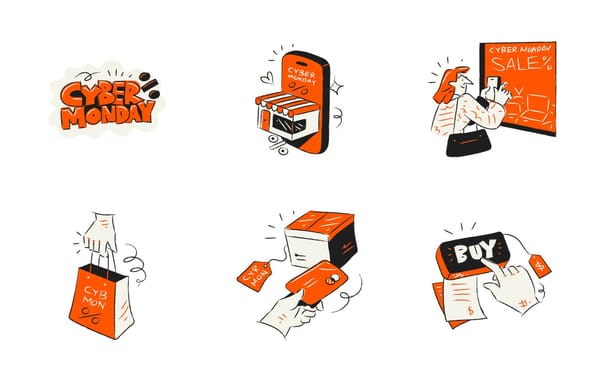 Six Aurora Black Friday drawings in orange and black ink: Cyber Monday lettering, a shop on a phone, a woman photographing a sale sign, a shopping bag, a tagged parcel and a Buy button