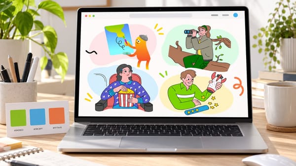 A mockup of a laptop on a wooden desk showing four of our illustrations on a website, with a printed card of three brand colour swatches labelled with hex codes propped beside the keyboard