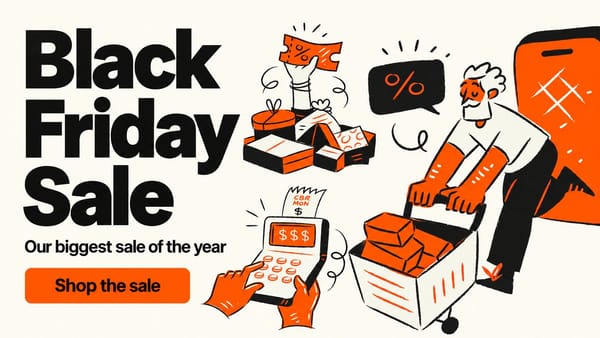 Mockup of a Black Friday homepage hero from Aurora Black Friday illustrations: Black Friday Sale and a Shop the sale button on cream, a shopper with a cart, a coupon and a cash register