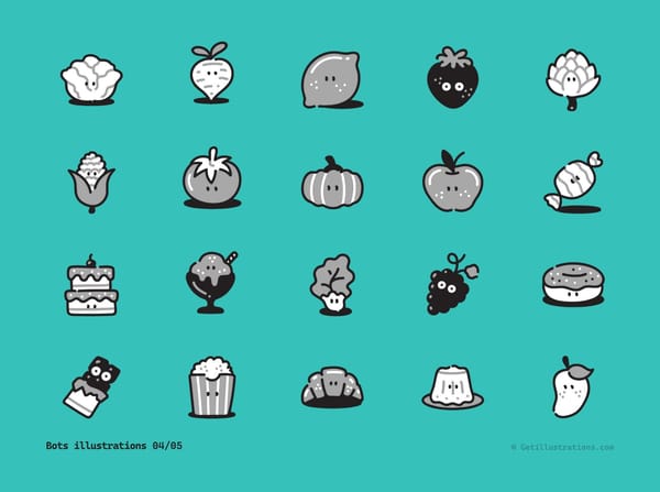 Twenty food characters from the Bots illustration pack on a teal background, drawn in black, white and grey with small faces, including a pumpkin, corn, an apple, grapes and popcorn.