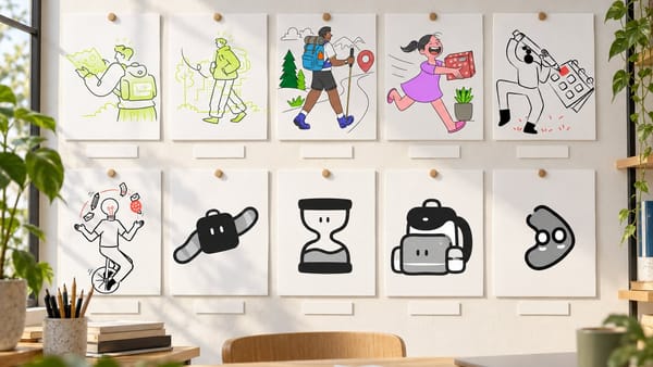 Ten drawings pinned as cards on a studio wall: two lime accent walkers, a colourful hiker, a girl running with a parcel, a calendar scene, a lightbulb juggler and four bots with faces
