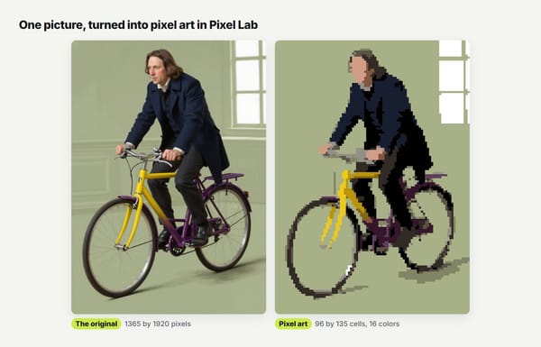 A man riding a yellow bicycle next to the same picture as pixel art, 96 cells wide with 16 colors