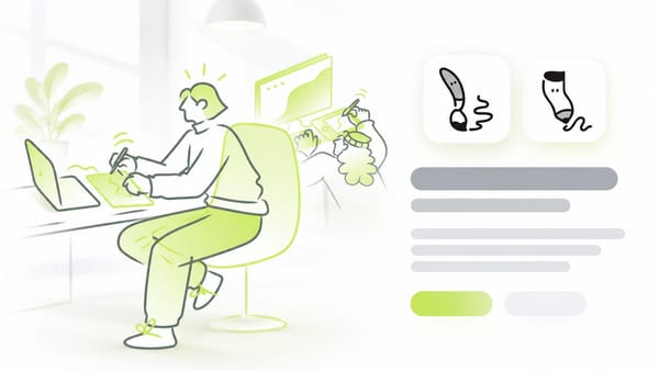 Mockup of a website hero built from GetIllustrations artwork: a designer drawing on a graphics tablet in lime line art, with pencil and paintbrush bot badges beside grey placeholder lines