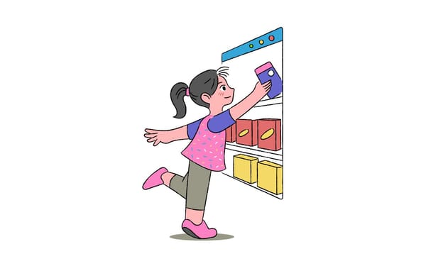 The shopping illustration from the Free Doodle Pop Colorful Activities pack, a girl with a dark ponytail reaching into a browser window to pick a purple product from a shelf of boxes