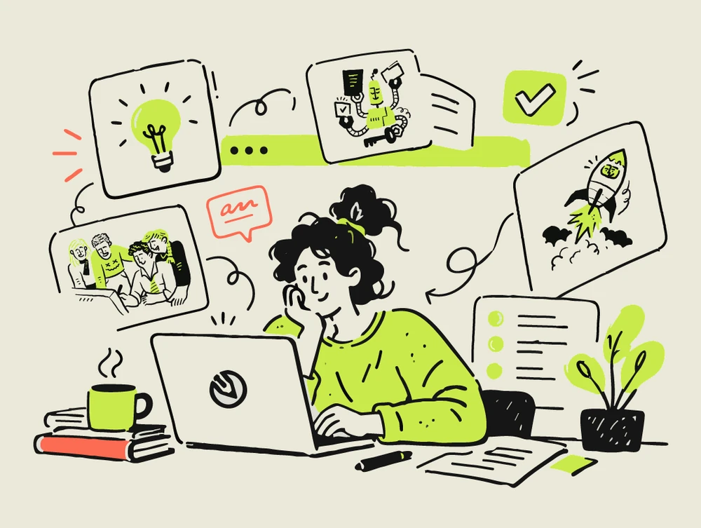A designer smiles at her laptop, surrounded by hand drawn cards: a light bulb, a rocket, a checklist