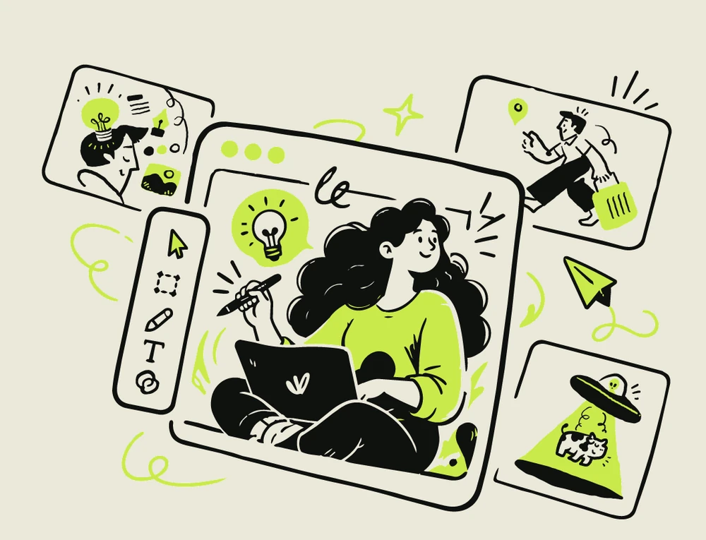 An illustrator draws on her laptop inside a browser window, with hand drawn cards floating around her