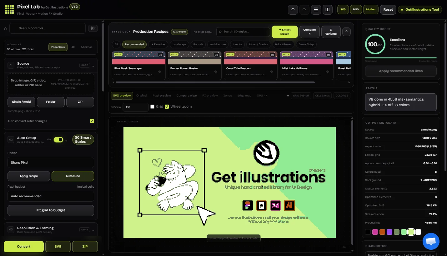 Pixel Lab: the studio with an illustration converted to 8-colour pixel art, the style deck above the canvas and the quality score on the right