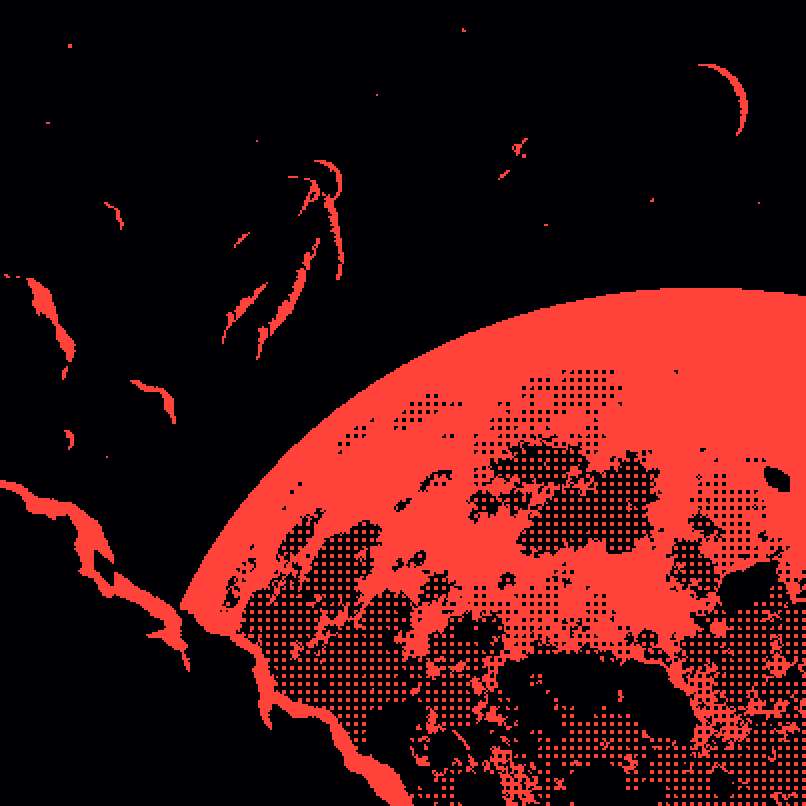 The same scene as two-colour pixel art made in Pixel Lab, 403 by 403 cells