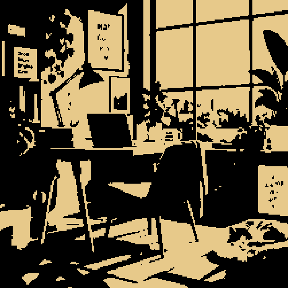 A desk by the window as pixel art made in Pixel Lab: 2 colours · 251×251