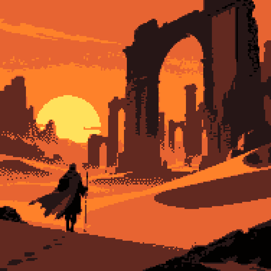 The same scene as pixel art made in Pixel Lab: 6 colours, 188 by 188 cells