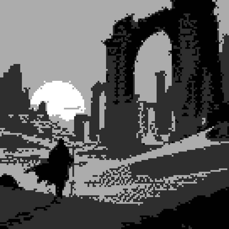 The same scene as four-grey pixel art made in Pixel Lab: 4 colours, 136 by 136 cells