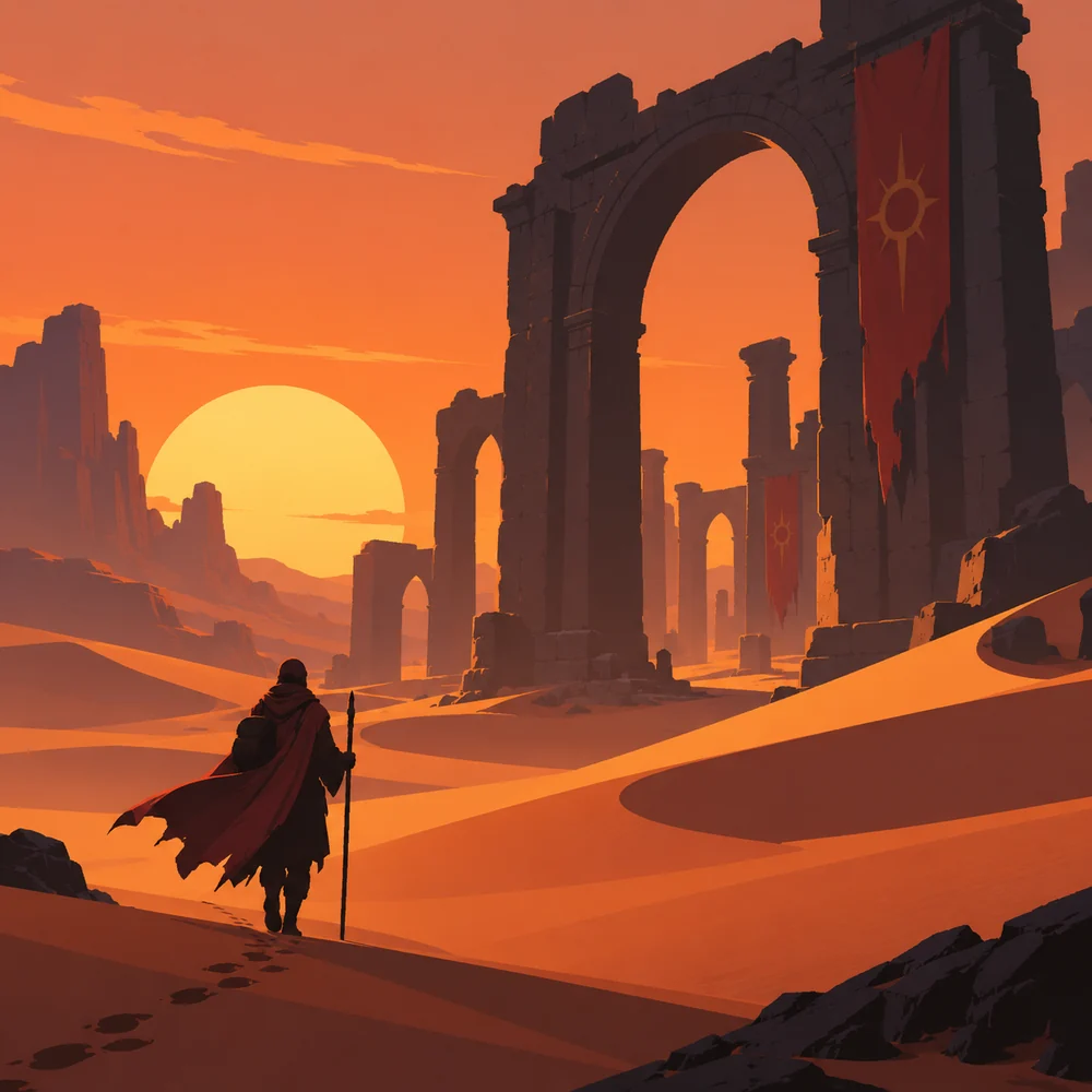 A painted illustration of a traveller walking towards desert ruins at sunset