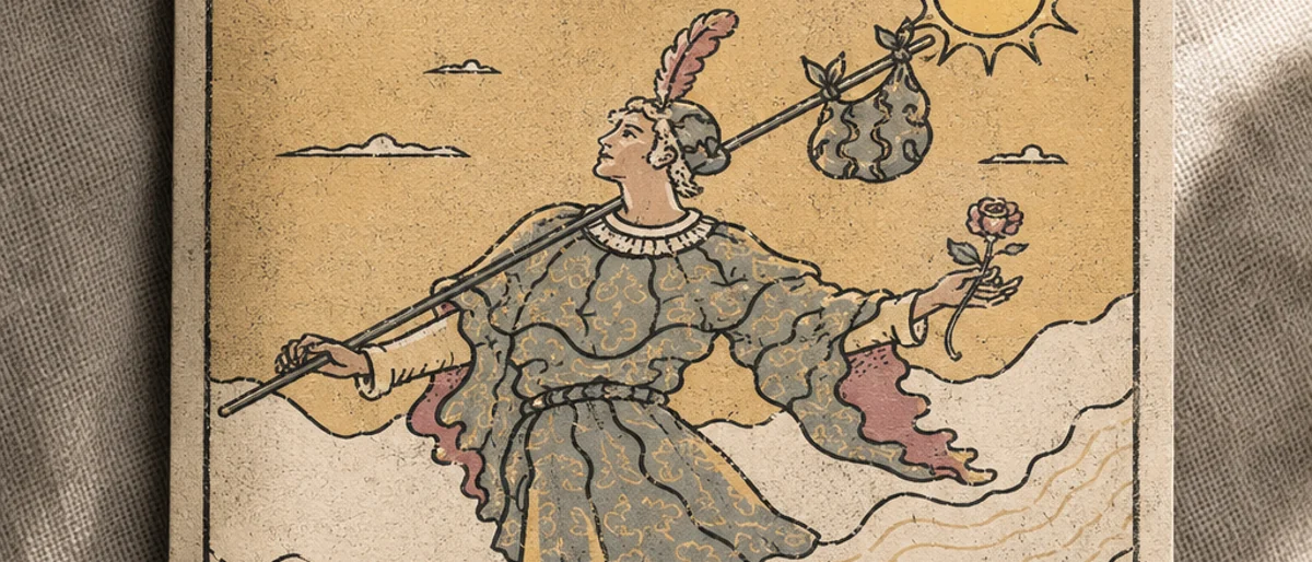 A printed tarot card photographed on linen, the 1024 px original