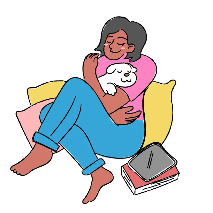 Hugging the dog, the original colourful doodle, hand-drawn line